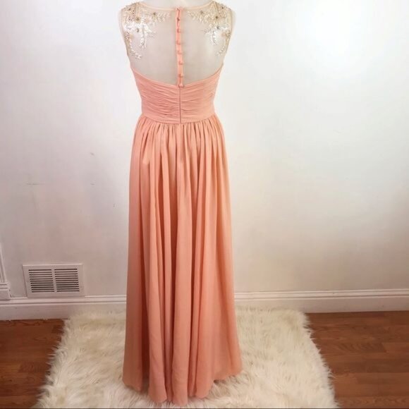 Franssical peach beaded gown with sheer panels & crew neck ruched dress 2 - Picture 3 of 11